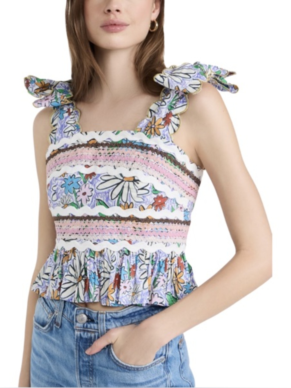 CeliaB Frida tie shoulder floral ruffle hem top